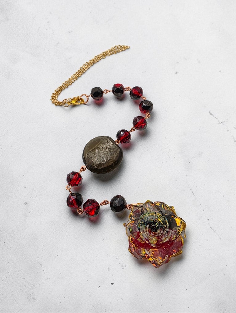 Red Crystal Beaded Car Charm with Rose Flower Pendant